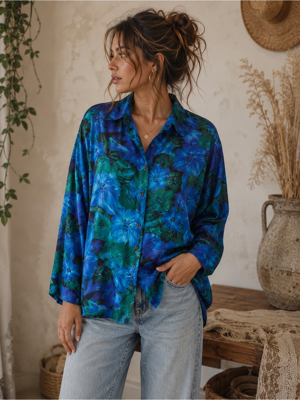 214🌟 Blue Floral Silk  Blouse | Vintage Button Front | Oversized Relaxed Fit 💙🌺